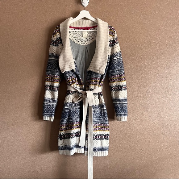 Anthropologie Cream and Gray Long Open-Front Cardigan with Belt Size M/L - Picture 1 of 13
